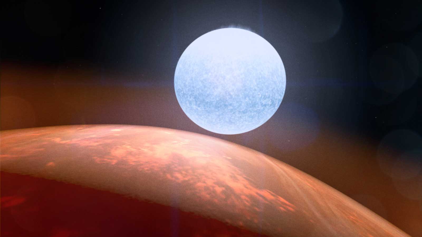 slide 1 - A large red exoplanet is seen with a white hot star